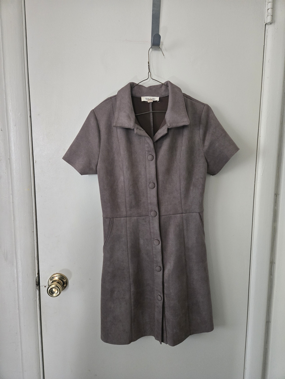 Short Button-Front Taupe Dress with Collar